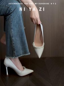 รองเท้าแต่งงานสีขาว ทรงหัวแหลม ส้นสูง ดีไซน์ฝรั่งเศส สำหรับผู้หญิง รองเท้าแต่งงาน รองเท้าแฟชั่น รองเท้าส้นเดี่ยว รองเท้าสวม รองเท้าหนัง PU