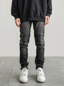 กางเกงยีนส์ทรงสลิมฟิตแบบหนัง ซิป ทรงบiker กางเกงขายาวหนา ทรงลำลอง เทรนด์ฤดูหนาวสำหรับผู้ชาย