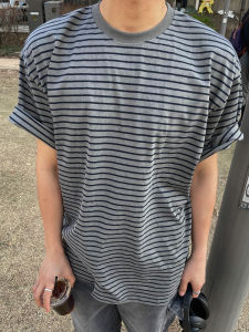 Grey Striped Short Sleeve T-Shirt Mens Summer New American Large Size Casual Versatile Sports Quick Dry Body Shirt