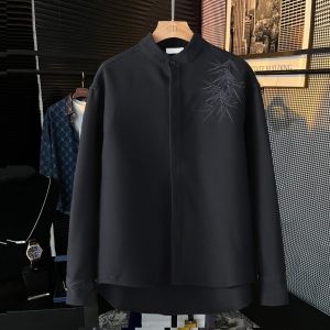 เสื้อเชิ้ตแขนยาวผู้ชายสไตล์จีนใหม่หรูหรา ปักใบไม้ไผ่ คอตั้ง เสื้อเชิ้ตทรงปกติสำหรับฤดูใบไม้ร่วง สไตล์ย้อนยุค