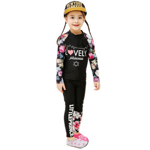 Swimming Suit for Children Rash Guards for Kids Girls Two Pieces Swimwear for Girls Sandy Swimming Outfit for Baby 2-10 Y White or Black with Flowers Letter Pattern with Swim Cap