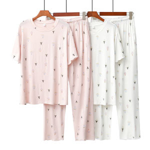 ชุดนอนผู้หญิงสำหรับฤดูใบไม้ผลิและฤดูร้อนชุดใส่อยู่บ้านพิมพ์ลายไอศกรีมขายาวแขนสั้นสวมหัวคอกลมผ้าโมดัลแบบลำลอง