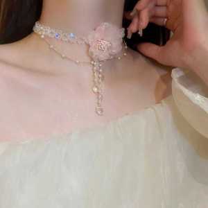 Pink Flower Crystal Beads Pearl Necklace Elegant Choker High-End Sensation Exaggerated Wedding Dress Accessory Womens Jewelry