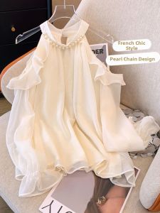 Fashionable Elegant French Pearl Halter Neck Off-Shoulder Shirt