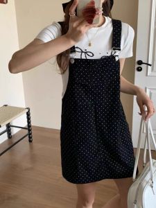 เอี๊ยมกระโปรงผ้าเดนิมลายจุดชุดเดรสสายเดี่ยวทรงเอเอวสูงแบบลำลองใส่แล้วดูผอมเพรียวแบบใหม่ฤดูร้อนสำหรับคนตัวเล็กเดรสสั้น