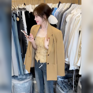 YUFUQING | Chic Kaki Color Suit Jacket Womens Stylish Ageless Beautiful Spring Fashion Outerwear Long Sleeve Polyester Fiber Coat