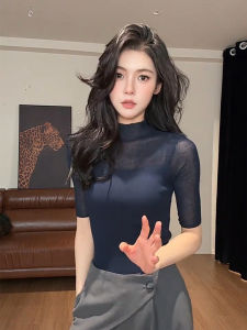 CHOEFULYN | Elegant Blue Collared Short Sleeve T-Shirt Slim Fit Women