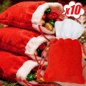 10Pcs Velvet Christmas Gift Bags Red Candy Snack Gifts Packaging Bag Drawstring Pouches with Tags Xmas Party New Year Gift Decoration