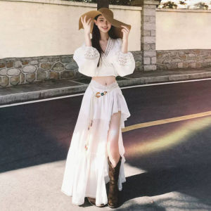 ZHENMANZI | Resort Style Lace Bell Sleeve Irregular Flowy White Dress