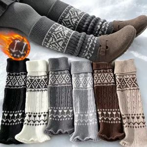 Cozy Fair Isle Snowflake Knit Thigh High Leg Warmers Acrylic Warm Stackable Socks for Female Winter Sports Daily