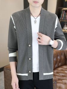 HENGYUANXIANG | High-End Knitted Mens Sweater Jacket Color Block Design Casual Fashion Spring Autumn Top Youth Polyester V-Neck Striped Pattern