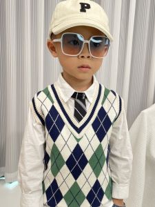 Childrens Casual Knitted Vest Sweater Boys Girls Fashion Diamond Pattern Baby Shoulder Pad Cotton Polyester Blend Vest