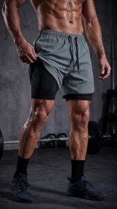 Mens 2 in 1 Running Workout Short with Phone Pocket Towel Loop Gym Athletic Quick Dry Stretchy Performance Shorts Activewear