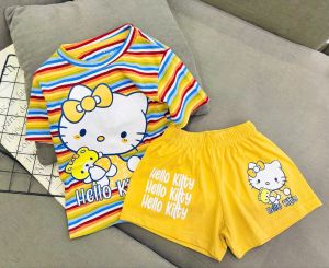 10-40kg Đồ bộ bé gái quần đùi áo tay ngắn thun cotton in họa tiết hoạt hình dễ thương