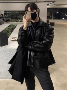 American Retro Fancy Leather Coat Men Spring and Autumn New Arrival Trendy Pu Shuai Korean Black Motorcycle Jacket