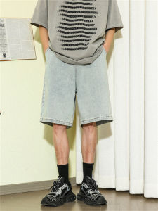 Manyston American High Street Mens Shorts Summer Thin Light Blue Loose Straight Casual Five-Quarter Jeans Cotton Polyester Blend