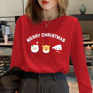 หลวม เสื้อยืดซานตาคลอสแขนยาว ผู้หญิง สไตล์เกาหลี เสื้อฐานวันปีใหม่สีแดงเทศกาลเครื่องแต่งกายด้านบน การ์ตูน พิมพ์คอกลม โพลีเอสเตอร์ ไฟเบอร์