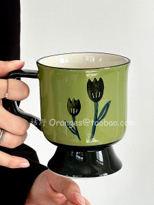 Oranges Limited Retro Green Hand Painted Tulip Ceramic Cup Antique Mug Large Capacity Coffee Cup