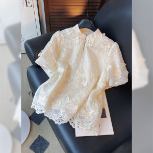 PAIBOLI | Large Size Vintage Design Apricot Color Womens Sweet Solid Color Summer Short Sleeve Round Neck Versatile Top New Style Shirt