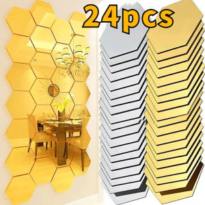 24pcs Romantic 3D Mirror Hexagon Acrylic Art Wall Stickers / 3D Hexagon Acrylic Mirrors Stickers / Modern Wall Tiles for Living Room Home Decoration / Self Adhesive Honeycomb Mirrors for Living Room Home Decor