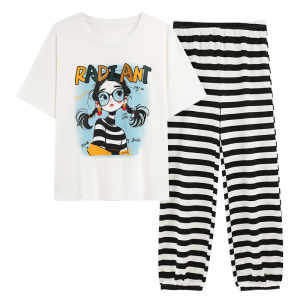 MiiOW | ชุดนอนแขนสั้นผู้หญิง MiiOW Cat Girl ฤดูร้อน 2025 ลายทาง ผ้าฝ้าย ผ้าโพลีเอสเตอร์ แขนสั้น ชุดอยู่บ้าน ชุดเด็กสาว ชุดลำลอง คอกลม