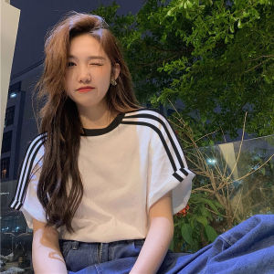 Áo Thun Tay Ngắn Màu Đỏ Rượu Vang American Retro Stripes Dáng Rộng Cho Nữ Mùa Hè Mới Về Thời Trang Áo Phông Cổ Tròn Cotton