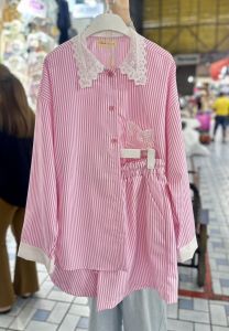 ชุดเซ็ทสาวอวบ รุ่นแขนยาว+กางเกงขาสั้นลายริ้ว แฟชั่นพลัสไซส์