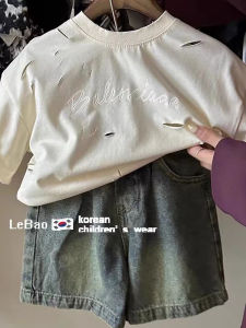 Áo Thun Nam Mùa Hè Dáng Rộng Tay Ngắn Hở Vai Thời Trang Trẻ Em Phong Cách Hàn Quốc Chất Liệu Khác Màu Trơn Cổ Tròn Không Mũ