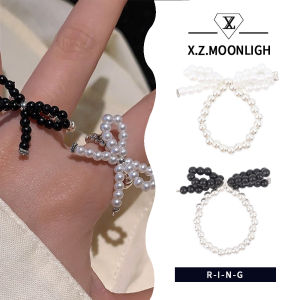 【 X.z.moonligh】แหวนยืดได้โบว์หรูหราน้ำหนักเบา2ชิ้นสำหรับผู้หญิงของขวัญระดับไฮเอนด์และแหวนเงินย้อนยุค