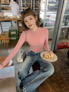 Chen Mi Fan Short Knitted Top Womens High Waist Slim Long Sleeve Base Shirt T-shirt Commute Style Regular Fit Chinese Production