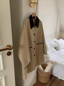 Overrich เสื้อแจ็คเก็ตผู้หญิงสไตล์เกาหลีฤดูใบไม้ผลิใหม่แขนยาวปกโปโลยาวปานกลางสีบล็อก