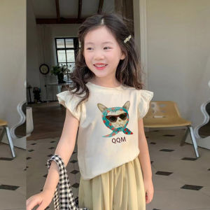 Girls Cotton Short Sleeve T-Shirt round Neck Cartoon Print Summer Fashionable Fly Sleeve Kids Clothing Standard Fit A-Class Safety