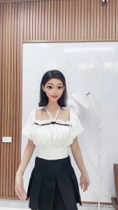 Set Bộ 2 Món Gồm Áo Croptop Cổ Vuông Tay Bồng Dây Yếm Có Đệm + Chân Váy Xếp Ly Có Quần Trong