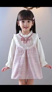 Sonkpuel | Girls Long Sleeve Skirt Cute Loose Dress Outer Wear Spring New Korean Style Clothing Kids Casual Fashion Round Neck Bow Skirt