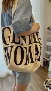 Gentle Women Simple Canvas Shoulder Bag Large Capacity Tote Bag Letter Large Bag Female Girls Shopping Travel Clutch