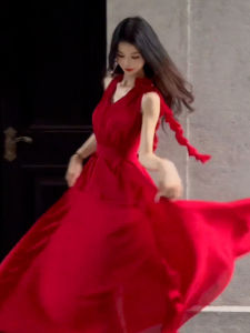 LIRUSHAN | Red Sleeveless V-neck Elegant French Style Summer Dress