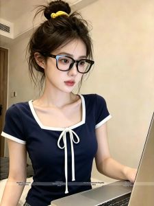 Bow Tie Striped Collar Short Sleeve T-shirt