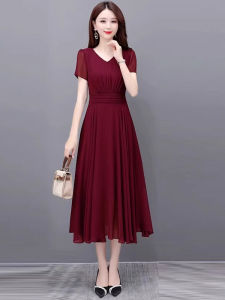 MAIMEI | Elegant Red Wedding Dress Young Fashionable Summer Commute High Waist A-Line Skirt Short Sleeve V-Neck Zipper Back Single Piece