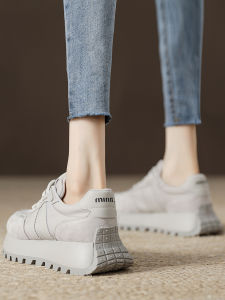 Womens Sporty Dad Shoes Thick Bottom Heightening Genuine Leather Casual Fashion round Toe Rubber Outsole Autumn New Grey