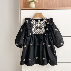 New Baby Girls Lace Collar Dress Sisters Clothes Kids Girls Princess Dress Black Fashion Party Clothes Embroider Flower Dress
