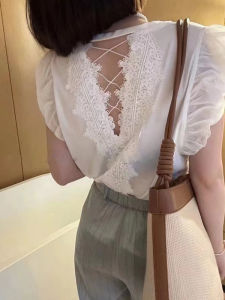 Black Lace Cross Back Sleeveless T-Shirt Womens Fashionable Unique Summer Top Beautiful Hollow out round Neck Loose Fit T-Shirt