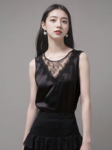 Black Lace Splice Silk Blend Camisole Vest Womens Versatile Summer Fashion Commute Style Regular Length Solid Color Vest