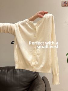 Korean Style Apricot Color Round Neck Long Sleeve Lightweight Summer Knit Cardigan