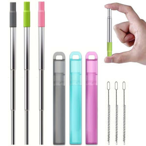 Reusable Straws Collapsible Portable Stainless Steel Straws with Case Silicone Tip and Cleaning Brush for Travel Camping