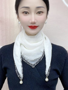 Spring Summer Thin White Small Square Scarf Womens New Pearl Pendant Neck Decor High-End Silk Scarf Korean Style Polyester Fiber