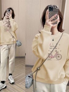 เสื้อฮู้ดคอกลมแขนยาวผ้าฝ้ายแท้ทรงหลวมสำหรับผู้หญิง ทรงหลวม หนา ใส่ได้หลายโอกาส เสื้อชั้นในขนแกะ แฟชั่นฤดูหนาว ฤดูใบไม้ร่วง