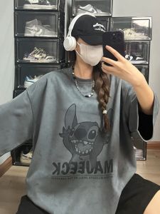 Deep Grey American Retro Mens T-shirt Summer Printed Suede Short Sleeve Oversize Neutral Style round Neck Casual Top