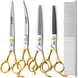 Sangelar 7 inch and 7.5 inch Gold High-End Professional Dog Grooming Tools Set Made of 440C Stainless Steel High-Quality (Includes Case)