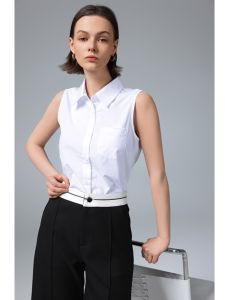 White Sleeveless Commuter Style Shirt Womens Summer Fashion Casual Design Cotton Pure Color Button Pocket Straight Cut Top