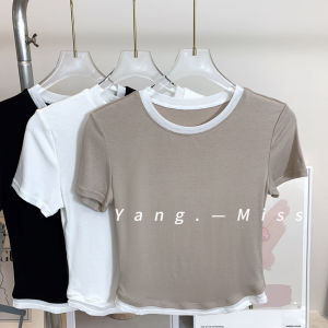 ฤดูร้อน เสื้อผ้าออกกําลังกายความรู้สึกเย็นสบาย ผู้หญิง คอกลมสั้น เซ็กซี่ พรางหุ่น เสื้อยืดโยคะ ชุดกีฬาแห้งเร็ว อินเทอร์เน็ตยอดนิยม สีแดง